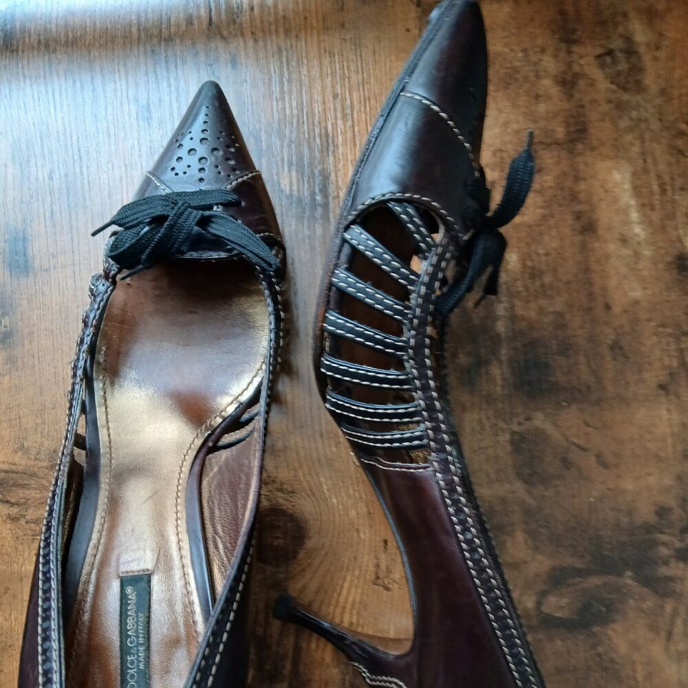 Vintage 90s D&G Dolce Gabbana Embroidered Leather Heels, Designer Shoes 42 Women